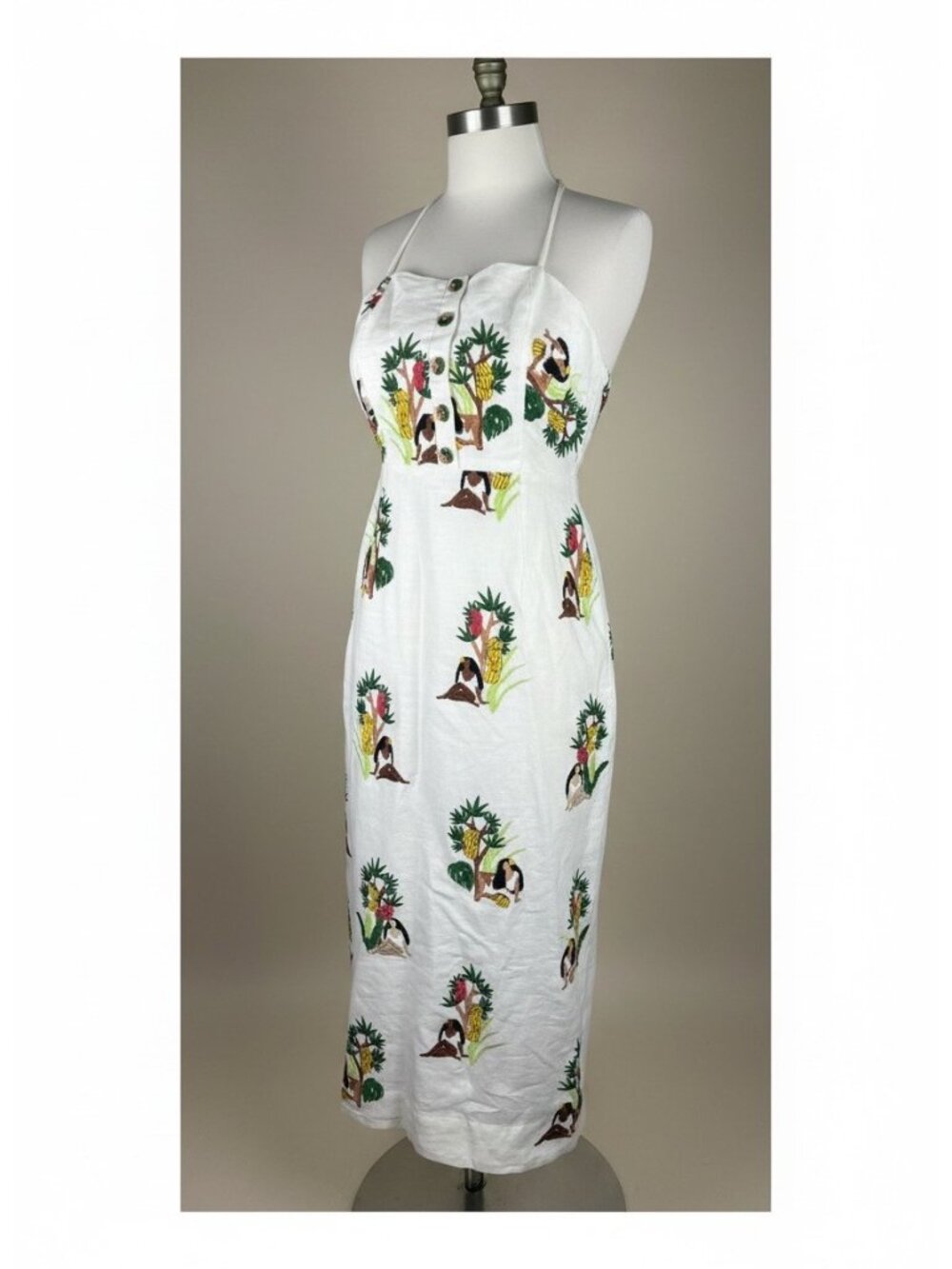 Farm Rio Bahia Girls Embroidered Tropical Midi Dress Size S NWT Linen Bananas - Picture 2 of 12